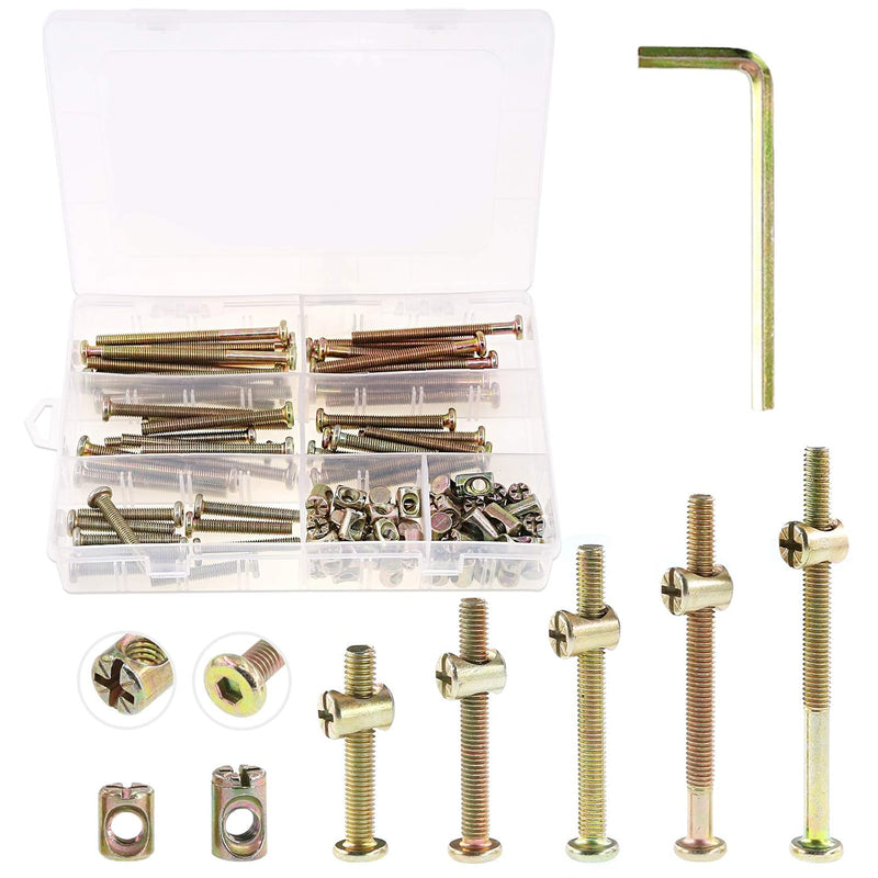 Keadic 100Pcs M6 Hex Socket Head Cap Screws Nuts, Zinc Plated Steel Barrel Bolt Nuts Hardware Replacement Kit for Furniture Cots Beds Crib, 1 Hex Key for Free - 35/45/55/65/75mm