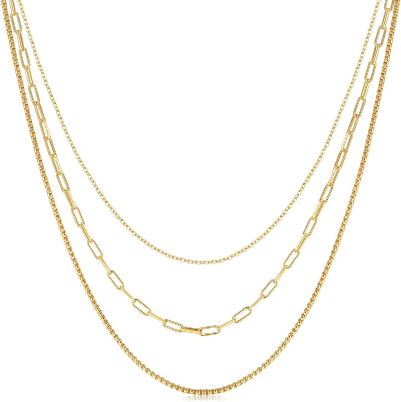 14K Gold Plated Dainty Choker Necklace for Women Girls Snake Chain, Cuban Link, Paperclip, Ball Beaded Chain, Natural Freshwater Pearl Necklace Fashion Jewelry for Gift - Gold Layered Chain - Cable & Paperclip & Box