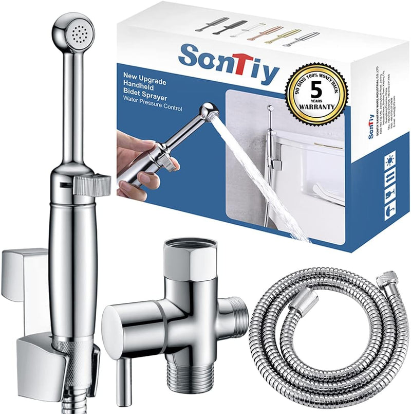 SonTiy All Brass Handheld Bidet Sprayer for Toilet, Cloth Diaper Toilet Sprayer Bidet Attachment with Backflow Preventer and Brass Valve Core for No-Leak, Polished Chrome, 5-Year Warranty
