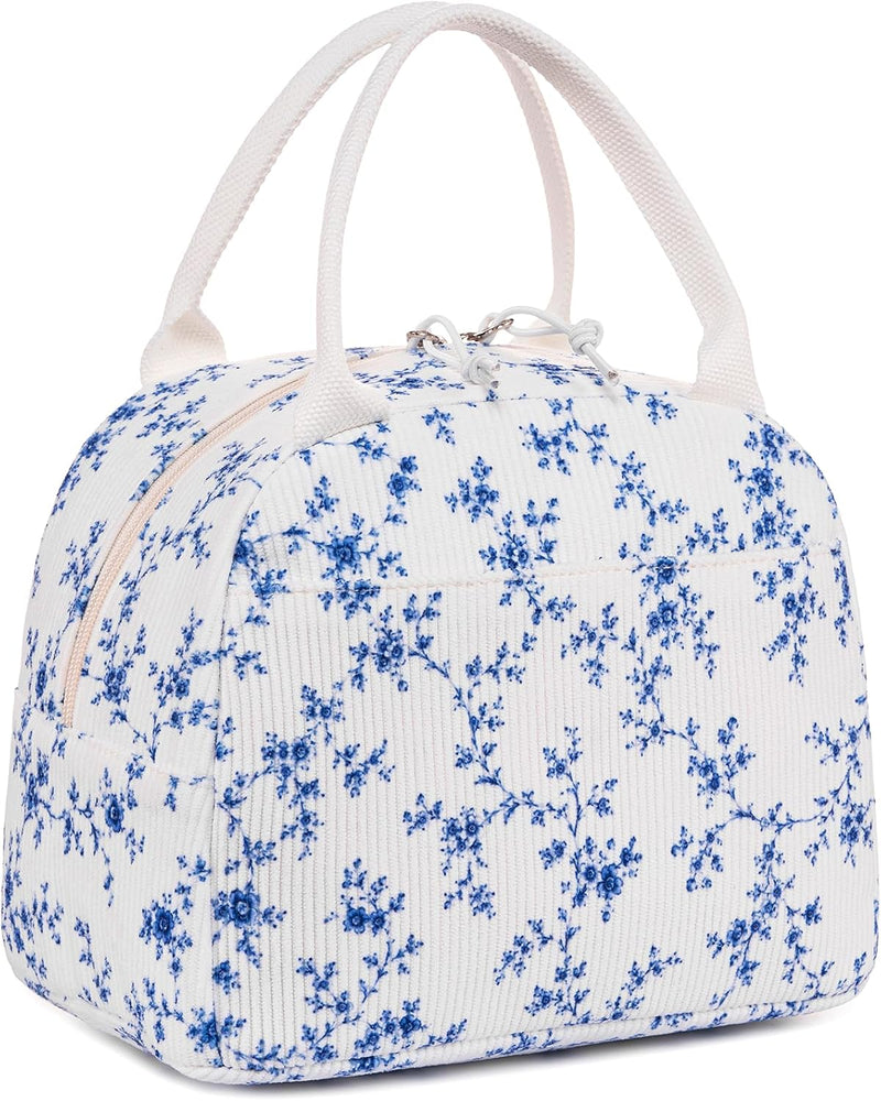 Lunch Bag for Women Men Cute Corduroy Lunch Tote Bags Reusable Insulated Lunch Box Large Capacity Reusable Insulated Cooler for Work Picnic or Travel (Corduroy strawberry) - Blue Floral 293