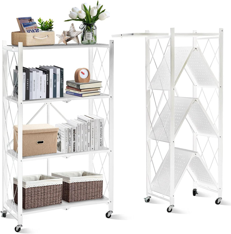 SKY-TOUCH Foldable Storage Organizer 4 Tier, Storage Shelves Kitchen Cabinet Storage Rack, Shelf Storage Multipurpose Rack for Living Room Bedroom Kitchen Garage Black - white 4-shelf