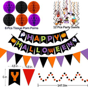 Happy Halloween Banner Party Decorations, Triangle Flag Bunting, Hanging Garland, Honeycomb Ball, Swirl Streamers & Confetti Dots for Halloween Party Decorations