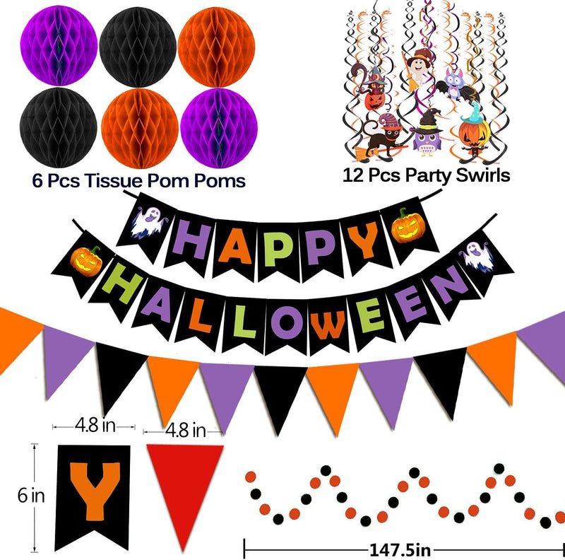 Happy Halloween Banner Party Decorations, Triangle Flag Bunting, Hanging Garland, Honeycomb Ball, Swirl Streamers & Confetti Dots for Halloween Party Decorations