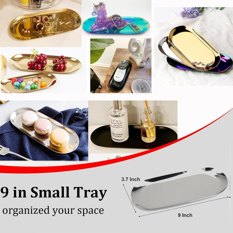 Fermus Stainless Steel Decorative Tray, Set of 2, 9 Inch Long, Jewelry Dish Cosmetics Organizer Bathroom Clutter Serving Platter Small Storage Tray, Oval, Gold