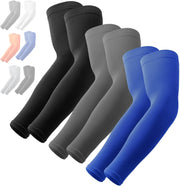 OutdoorEssentials UV Sun Protection Arm Sleeves - Compression Arm Sleeve, UV Arm Sleeves Men, Women - Golf Cooling Sleeves - 3 Pairs: 1 Pair Balck, 1 Pair Dark Gray, 1 Pair Blue