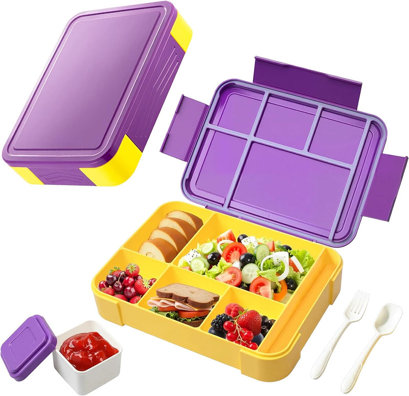 Bento Lunch Box 1300ML For Kids: 4-Compartment BPA-Free Leakproof Containers with Spoon - Microwave Dishwasher Safe - Stackable for Kids 4-16 Years Old In School - Purple