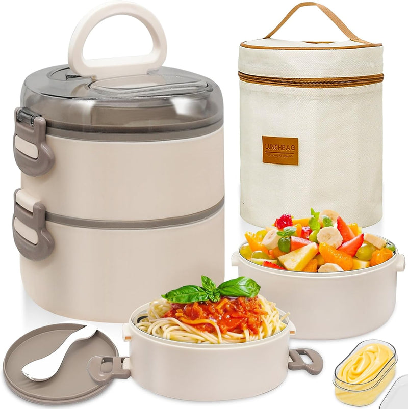 Lunch Box for Adults - Stainless Steel Bento Box with Insulated Bag & Built-in Spork, Leakproof Food Container Set (700ml+400ml) for Office, Camping,Back to School, - Round Beige