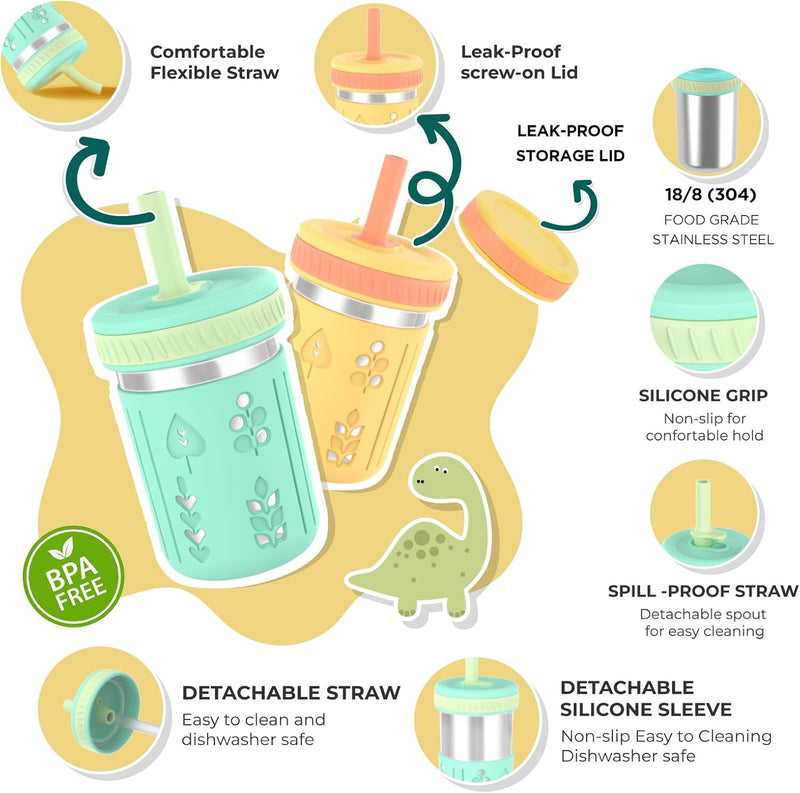 Tronco 14oz Insulated Stainless Steel Kids Travel Cup - BPA-Free Toddler Tumbler with Splash-Proof Flexible Straw, Ergonomic Handle & Splash Guard Lid for Car/Outdoor Use, Easy to Clean