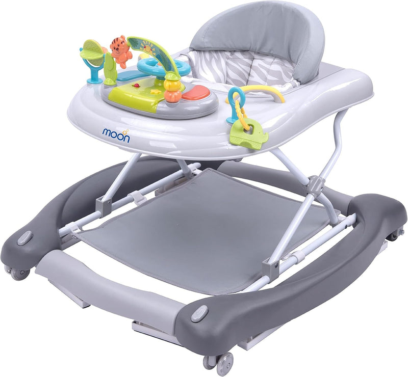 The Moon Brand Crusie 4 In 1 Walker. Jumper-Rocker-Pushable Walker-6 to 18 Months-Jungle Themed-Removable Music Box-Jumping Base-Well Padded Seat-Strong Metal Frame- Plastic Body-Grey - Grey