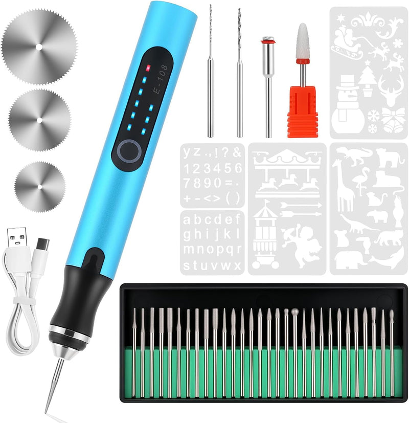 Electric Engraving Pen with 37 Bits, USB Rechargeable Cordless Etching Engraving Tool, Portable DIY Rotary Engraver for Jewelry Wood Glass Stone Carving (Silver) - Blue