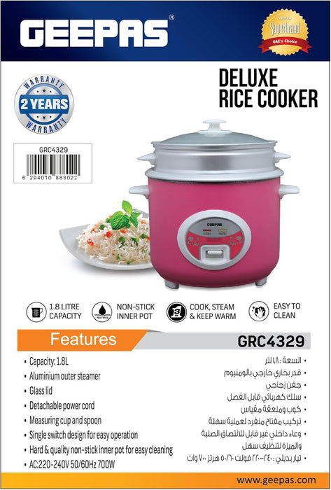 Geepas 1.8L Rice Cooker/Steamer with Non-Stick Cooking Pot | 700W | Automatic Cooking, Steam Vent Lid & Simple One Touch Operation |Make Rice, Steam Healthy Food & Vegetables | 2 Year Warranty