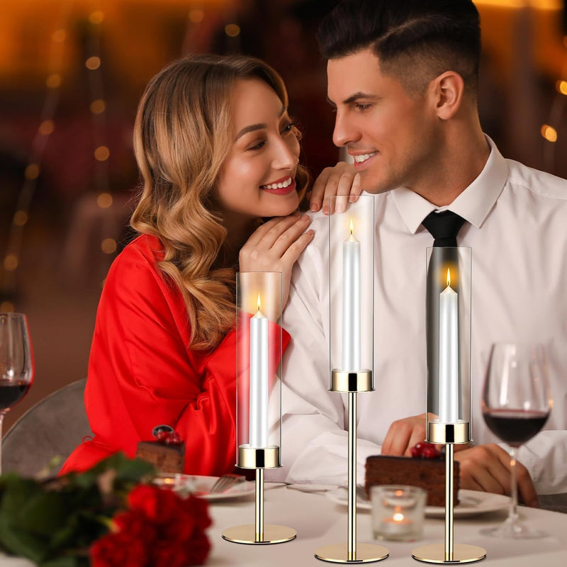 Angju Gold Candlestick Holder Tall Hurricane Candle Holder Set of 3, Taper Candle Holders Candle Stand Glass Cover Candlesticks Holders Table Centerpiece for Wedding Party Birthday Christmas Decor