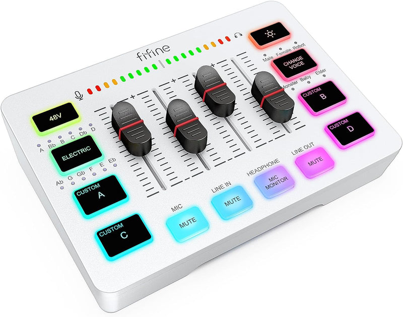 FIFINE Gaming Audio Mixer, Streaming RGB PC Mixer with XLR Microphone Interface, Individual Control, Volume Fader, Mute Button, 48V Phantom Power, for Podcast/Recording/Vocal/Game Voice-AmpliGame SC3 - White