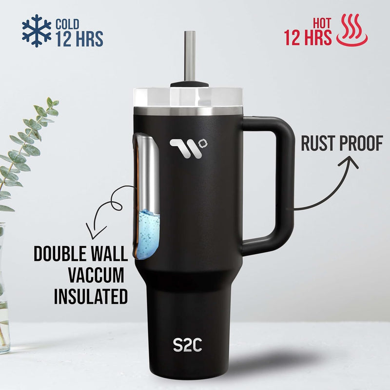 S2C 40oz Stainless Steel Tumbler with Handle & Straw – Double Wall Vacuum Insulated Mug – Leakproof, BPA-Free, Keeps Drinks Hot & Cold – Ideal for Office, Gym, Travel – Fits Car Cup Holder–(Blue)