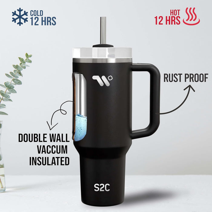 S2C 40oz Stainless Steel Tumbler with Handle & Straw – Double Wall Vacuum Insulated Mug – Leakproof, BPA-Free, Keeps Drinks Hot & Cold – Ideal for Office, Gym, Travel – Fits Car Cup Holder–(Blue)