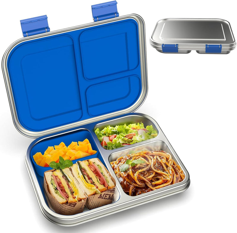 Bento Lunch Box for Kids: Leak-Resistant 304 Stainless Steel Lunch Boxs - 3-Compartments with Silicone Container - Bento Box for Ages 4-16 - for School, Picnics & Office (Pink) - Blue
