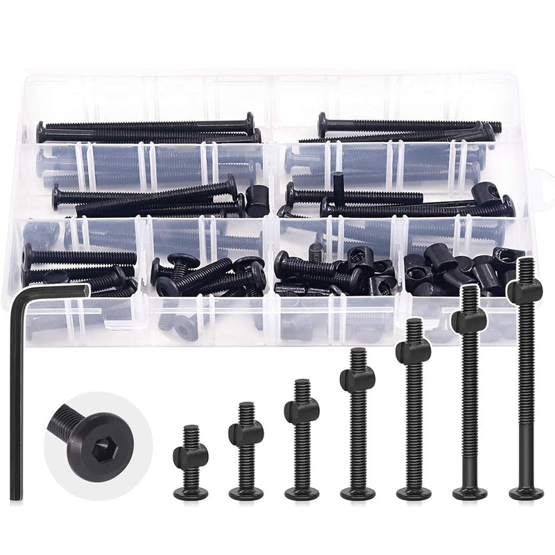 JOEJNCED 141Pcs Crib Hardware Screws, M6 Black Socket Cap Screws Bolts Bucket Nuts Hardware Assortment Set For Furniture Crib Bolts Nuts Screws Chairs Table Cabinets