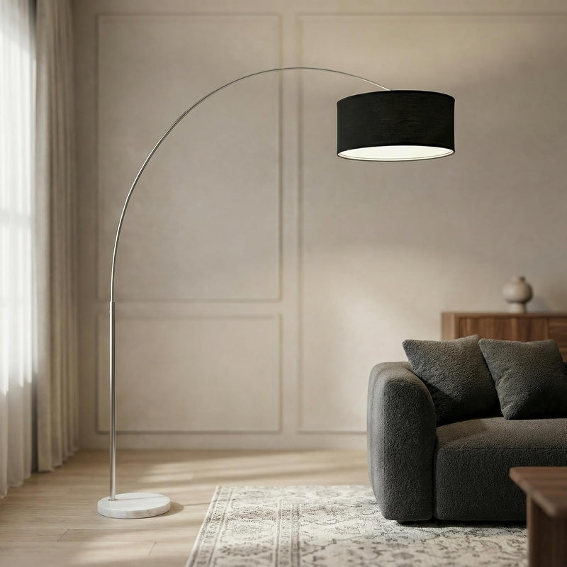 YATAI Modern Arc Floor Lamp with Adjustable Head, 208cm Tall Standing Lamp with Fabric Shade, Heavy Marble Base, Button Switch, Ideal for Living Room Bedroom Reading Corner - Black
