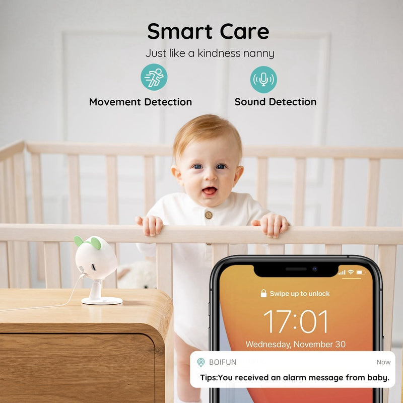 BOIFUN Baby Monitor, 1080P WiFi Baby Camera via Screen and App Control, Video Recording, Playback, Night Vision, Two-Way Audio, Motion & Sound Detection, Area Alarm