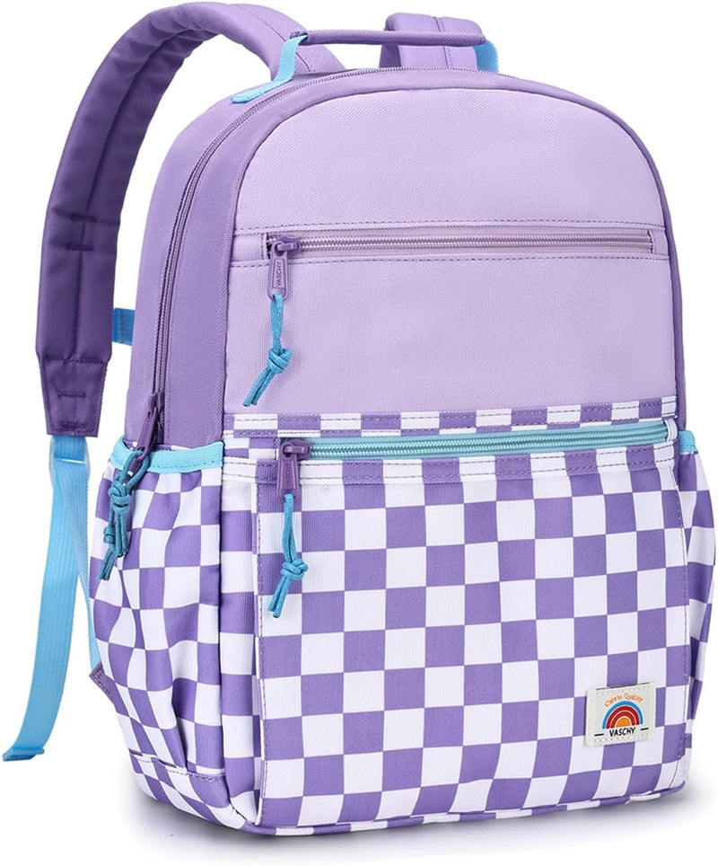 School Bag for Teen,Vaschy Lightweight Water Resistant Kids Toddller Backpack Boys Girls Plain Color-block Kids Bookbag Daypack with Two Sizes - Lavender Plaid-S