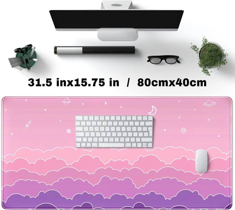 Kawaii Mouse Pad Desk Gaming Accessories Cute Clouds Xxl Mouse Pad Pink Anime Office Decor Desk Mousepad Large, 31.5x15.7in Extended Keyboard Mousepad For Desk Girl With Stitched Edges Non-Slip Rubber - B-lovely Pink