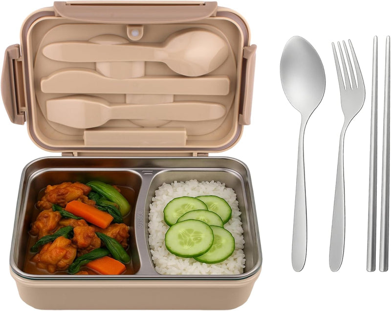 Stainless Steel Lunch Box for Kids, Adults Leakproof Bento Lunch Box with Steel Cutlery Insulated BPA Free Lunchbox with Partition, 1200ml Kids Bento Box for School, Office (Pink) - Beige