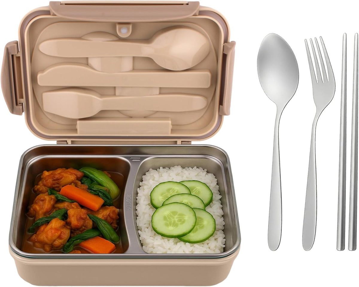 Stainless Steel Bento Lunch Box for Adults and Kids 1200ML Leakproof Bento Box with Spoon, Fork & Chopsticks Tiffin Box for Office and School Lunchbox for Men, Women (Beige) – image 2