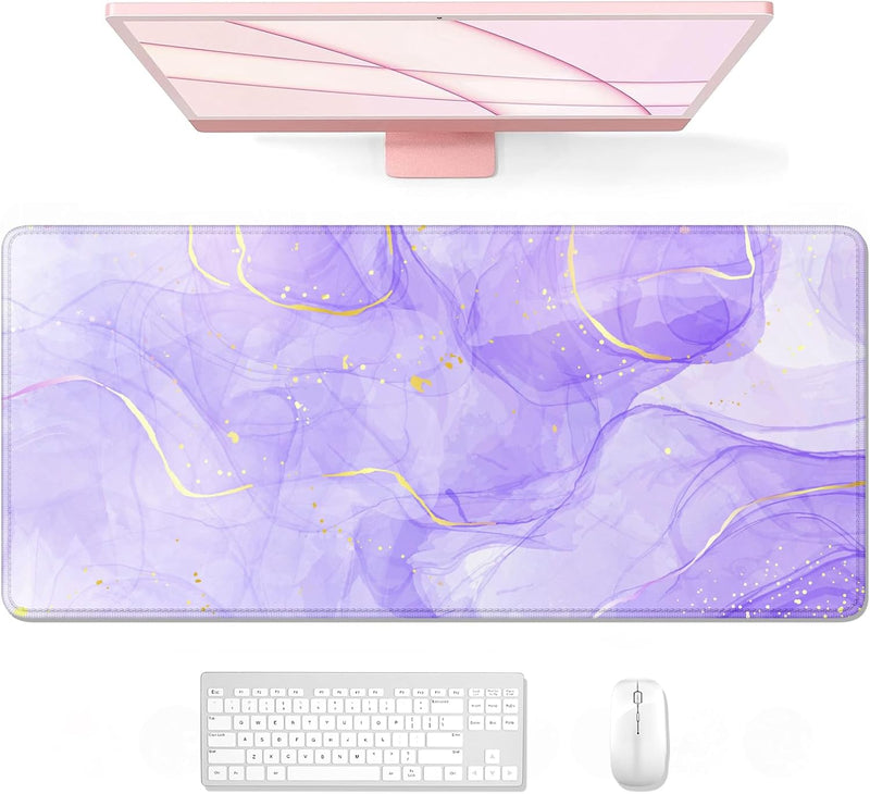 Auhoahsil Desk Pad, XXL Large Mouse Extended Gaming Mousepad, Cute Mat for Women, Big Office Accessories Pad Computer Keyboard and Laptop, 35.5 x 15.7 Inch, Pretty Pink Flowers, Girly Flowers - 41 Purple Gold Marble 35.5L x 15.7W inches