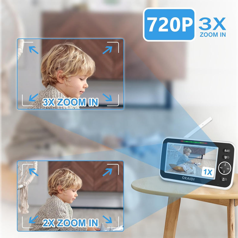 OKAIDI Video Baby Monitor with Camera and Audio, 5" Display Baby Monitor No WiFi, 30H Battery and 1000ft Range Baby Monitor, Remote Pan-Tilt-Zoom Baby Camera, Night Vision, 2-Way Talk, VOX,Temperature
