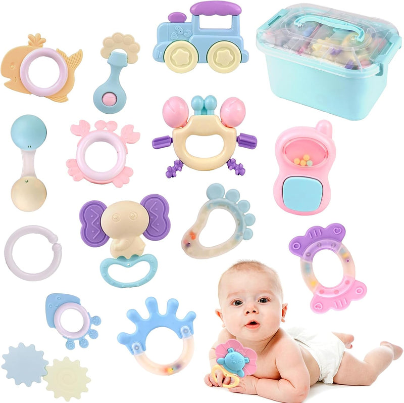 Baby Teether Toy Rattle for Baby Toys 0-12 Months Plus with Storage Box -14 Pcs BPA Free Soft Silicone Teething Toys Newborn Baby Sensory Toys Gifts 3 6 9 12 Months for Early Educational (14Pcs)