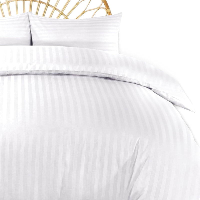 100% Cotton Luxury Hotel Quality Sateen Duvet Cover Set, 2cm Satin Stripe, Hidden Button Closure, Ultra-Soft Sateen Weave, Breathable & Hypoallergenic (White, Queen 240x220cm) - White Twin/Single 160x210cm
