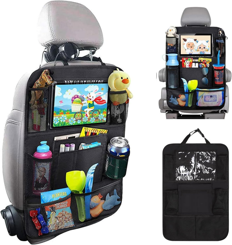 Car Back Seat Organiser with Tablet Holder, Multi-Pocket Seat Back Protectors Kick Mats for Kids Toddlers, Travel Accessories, Divider for Driving Safely Children & Pets Car Organizer Black