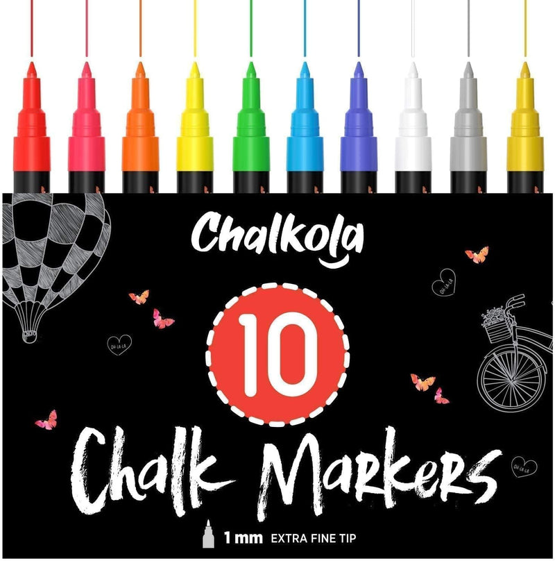 Chalkola Liquid Chalk Markers Erasable (10 Pack) w/Gold & Silver - Washable Paint Chalk Pens for Chalkboard Signs, Blackboard, Car Window, Bistro, Glass, Board - Neon Wet Wipe 6mm Reversible Bold Tip