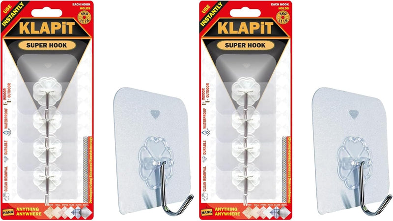 KLAPiT Super Hook Heavy Duty Adhesive, Holds 11 Pounds or 5Kg Weight, Waterproof and Damage Free for Wall, Tile, Wood, Stone, Glass, Metal, Made of Steel (Clear, 4 pc) - 4 pc (Pack of 2) Clear