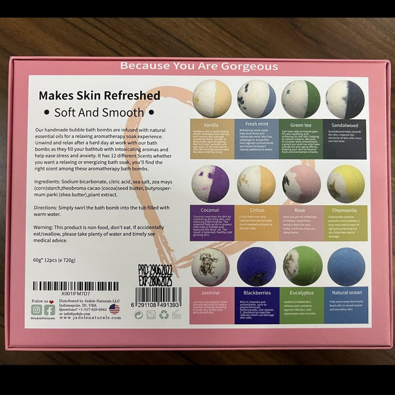 Jadole Naturals Luxury Organic Bath Bombs Gift Set- 12 Pieces With Rich Colorful Bubbles & Flavor I Infused Natural Essential Oil Bath Bombs Set for Relaxation, Stress Relief & Skin Moisturizing