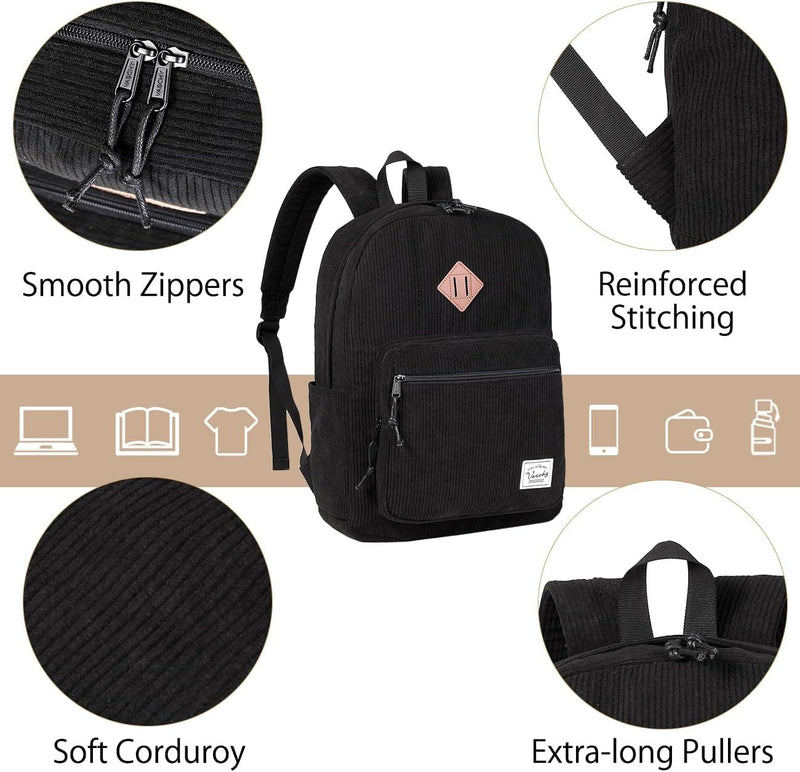 Corduroy Backpack for Men Women, VASCHY Casual Cute Fleece School Bag 15.6 inch Lightweight Daypack for Teens/Men/Women Travel
