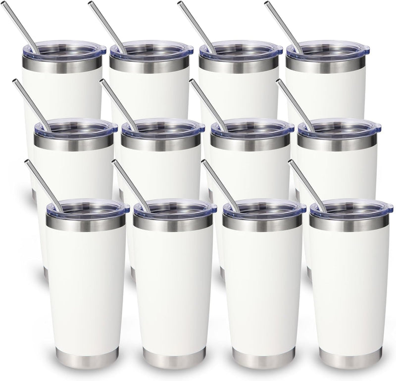 Volhoply 20oz Stainless Steel Tumbler with Lid and Straw,Double Wall Insulated Travel Iced Coffee Mug Fits Car Cup holder,Powder Coated Cups for Hot and Cold Drinks,Gifts for Women Men（White,1 Set）