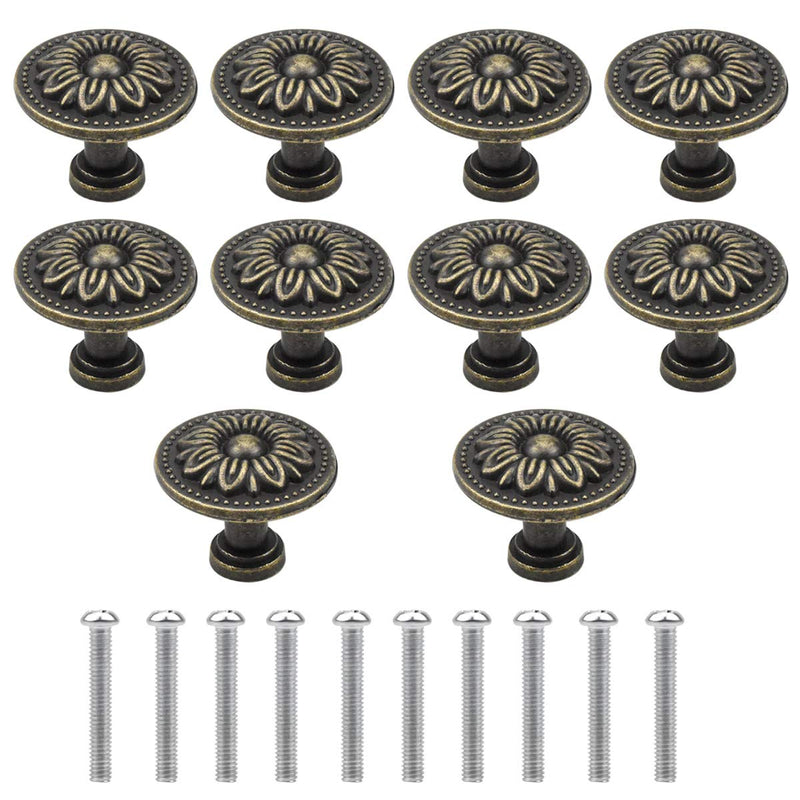 NATUCE 10PCS Antique Bronzy Flower Round Cabinet Knob, 32MM Vintage Drawer Knob, Kitchen Cabinet Cupboard Door Drawer Pull Knob, Retro Bronze Drawer Pull Handle, Hardware Knobs for Drawer Wardrobe