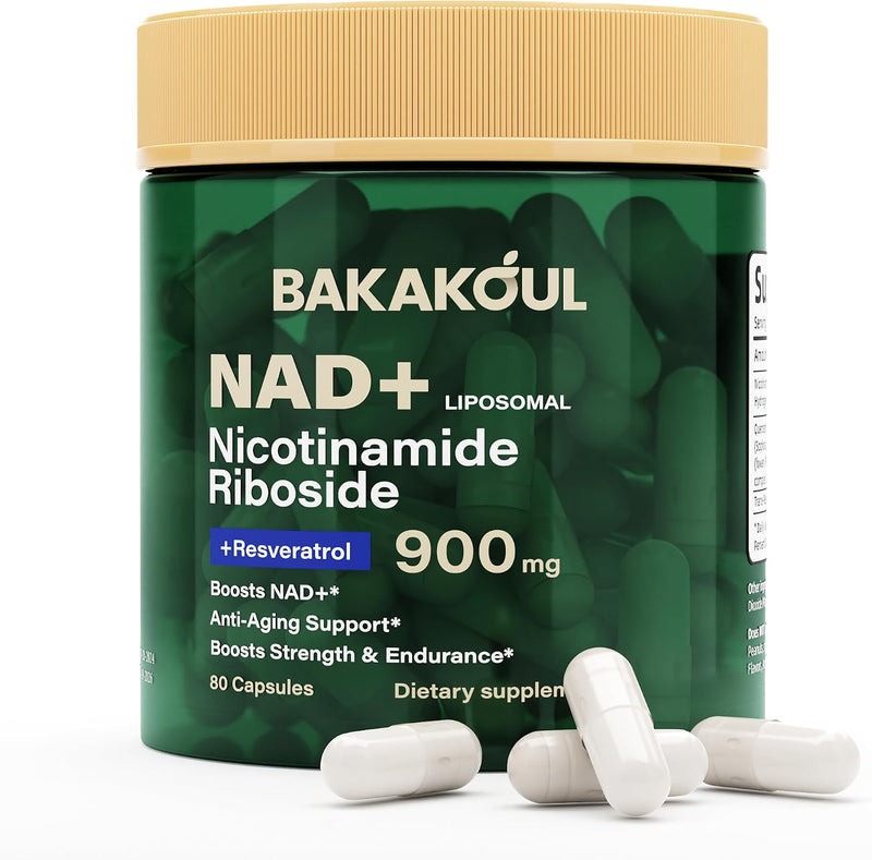 BAKAKOUL NAD Supplement - Liposomal Nicotinamide Riboside, Resveratrol, Quercetin, NAD Nicotinamide Riboside Resveratrol 900mg, NAD+ Supplement for Men and Women, 80 Capsules 1 Pack - 80 Count (Pack of 1)