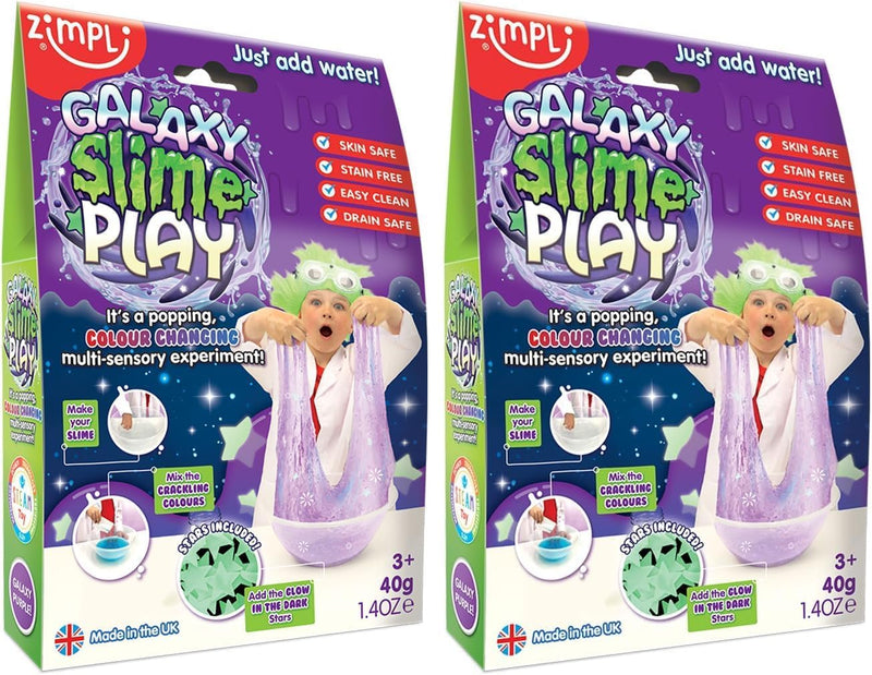 Zimpli Kids Galaxy Slime Play with 10 x Glow in the Dark Stars & 2 x Free Crackle Baff , Magically turns water into gooey, glittery slime, Children's Science Experiment Kit, Make your own Slime - Galaxy Slime Play Play Pack (Pack of 2)