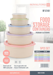 Royalford 5pcs Plastic Storage Box Set RF12181 Food Storage Round Containers Smart Lock Lid Airtight Odour Free Dishwasher & Freezer Safe - 5 piece set