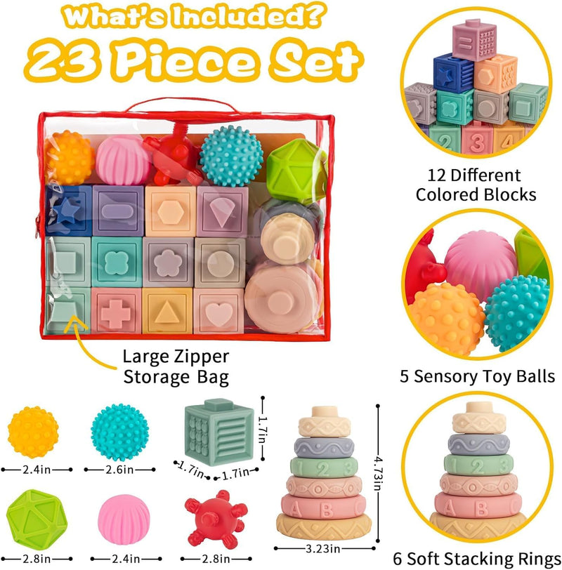 Moonmen 23 Pcs Montessori Toys for Babies 0-3-6-12 Months, 3 in 1 Soft Baby Teething Toys and Stacking Building Blocks for Sensory Developmental Education of Toddlers 12-18 Months