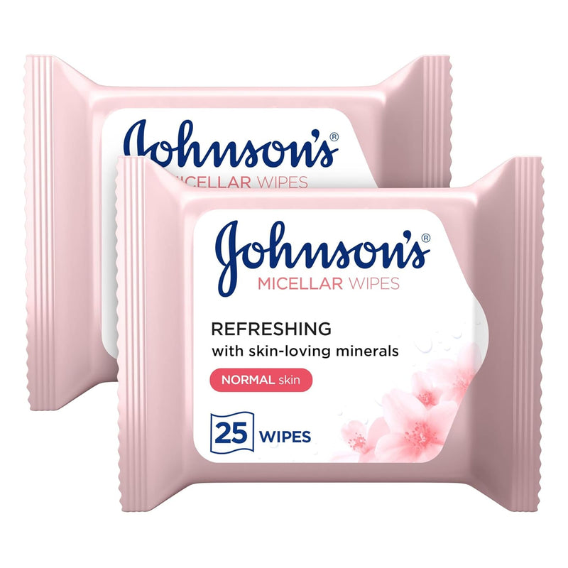Johnson & Johnson Micellar Wipes Refreshing with Skin-Loving Minerals, Pack of 2x25 Wipes, Suitable_for Normal Skin Types, Gentle Makeup Remover Wipes, Hydrates and Cleanses, Safe_for Sensitive Eyes