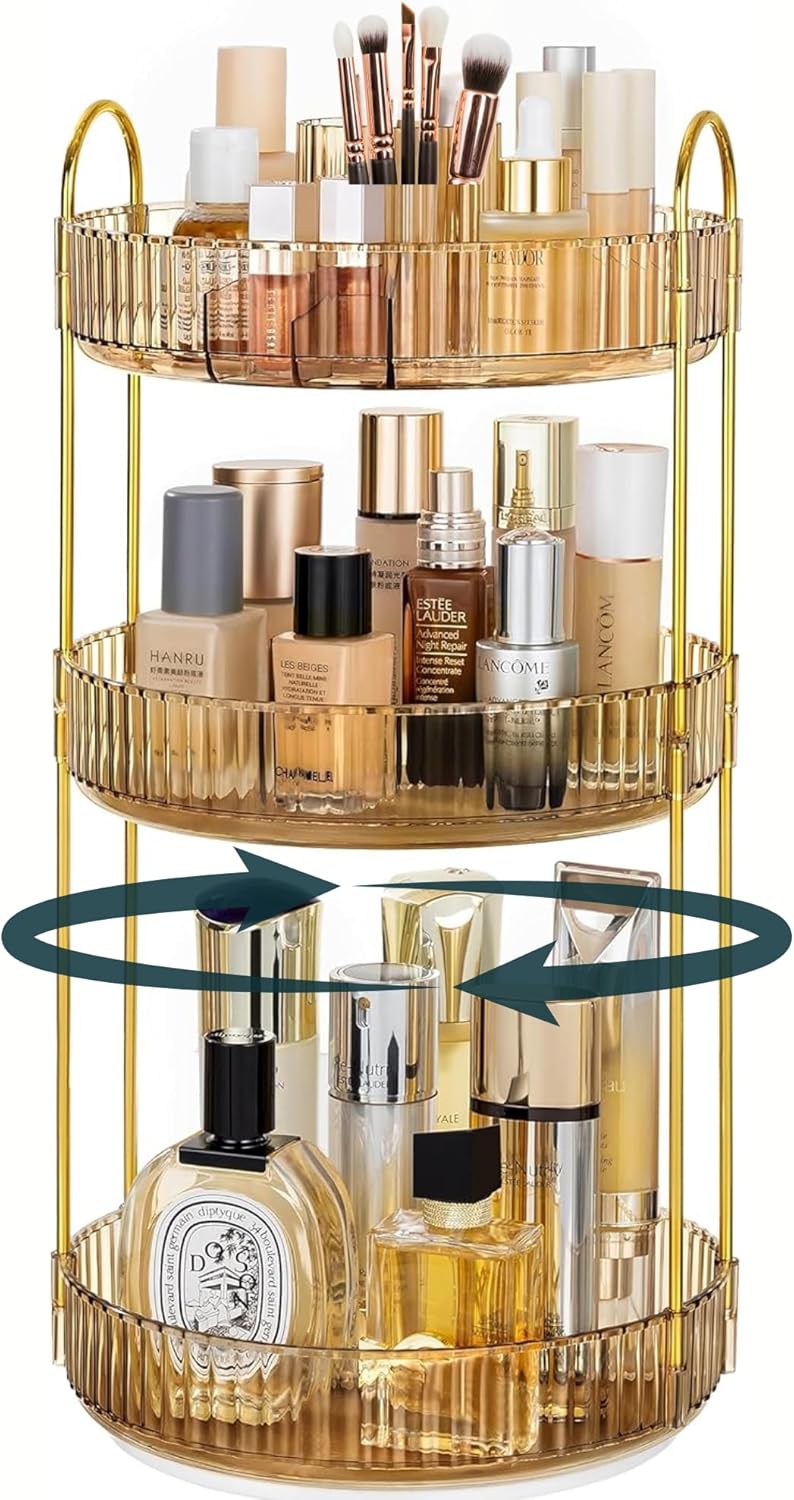 Sortify Rotating Makeup Organizer with Makeup Brush Holder, Save 80% of Vanity Space with Luxury Cosmetic Organizer 3 Tier, 360° Spinning Lazy Susan Skincare Organizer Stand, Gold 47x23x23cm