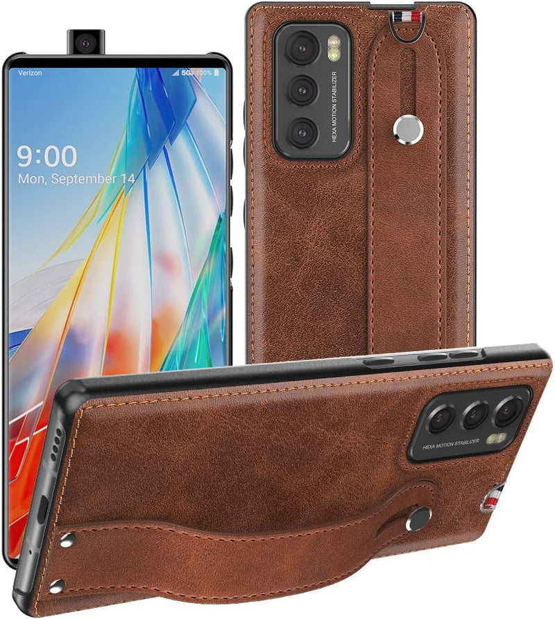 Fol for LG Wing 5G Case,for LG Wing Case 2020,Slim and Lightweight PU Leather Back Cover Support Swivel Mode Hard PC Holder with Hand Strap Protective Phone Case for LG Wing 5G 6.8 Inches (Brown) - Brown