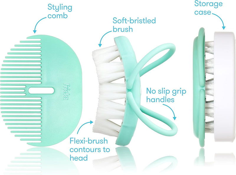 Frida Baby Head-Hugging Hairbrush and Comb Set: Flexi-Brush Countors to Head, Soft Bristled Brush, for Newborns and Up, Hair Brush + Comb + Storage Case