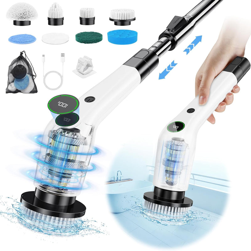 PUFTEM Electric Spin Scrubber, Cordless Shower Scrubber with 8 Scrub Brush, 2 Speed with Adjustable Extension Handle, Battery Level Display, Power Scrubber for Bathroom Bathtub Tile Floor, Black - Black