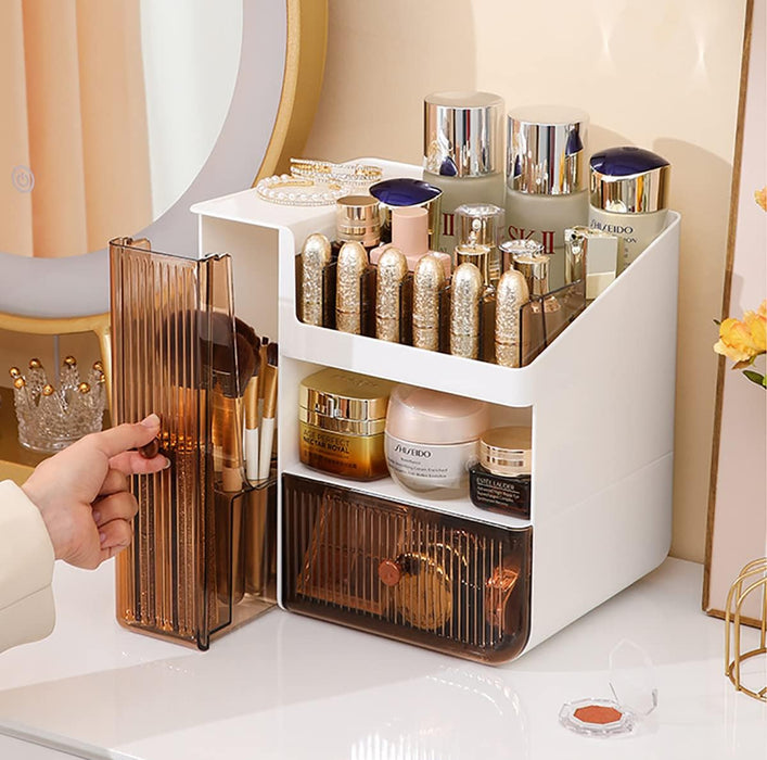 blueland Makeup Organizer, 3 Tier Luxury Countertop Cosmetic Storage Box with Multifunctional Makeup Jewelry Drawer, Desktop Beauty Display Organiser Stand for Lipsticks, Brushes, Lotions (White B)