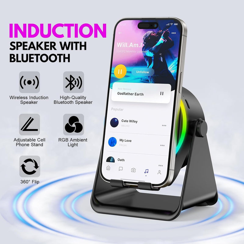 Wireless Induction Speaker 4-in-1 Bluetooth Speaker with Phone Stand and Colorful Ambient Light360 Rotation Compatible with iPhone,Android,iPad,Unique Birthday Gift for Men Women Adults(Black)