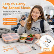 Snack Box with Compartments, 2 Pieces 600 ml Stainless Steel Lunch Box with 4 Compartments & Leak-proof Lid, Reusable Bento Box with 2 Spoons for Fruit, Vegetables, Meat, Sweets, Nuts
